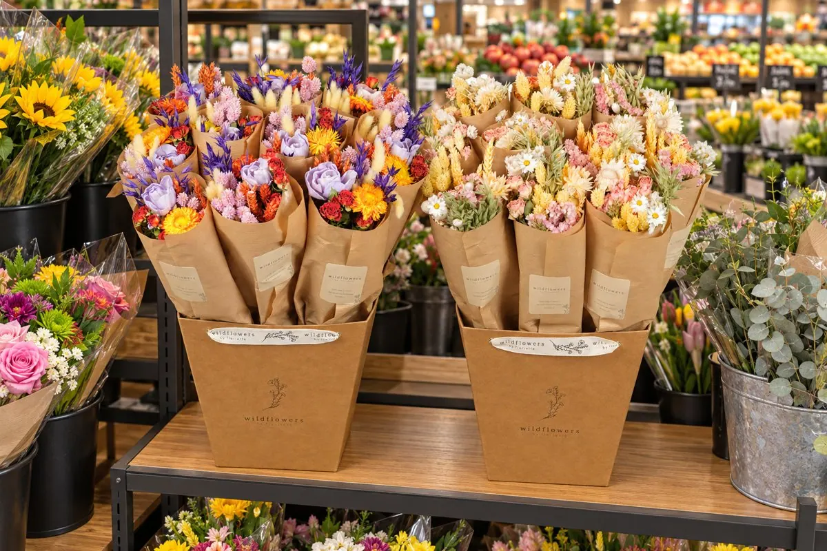 Grocery in-store display of Dutch Flower House bouquets